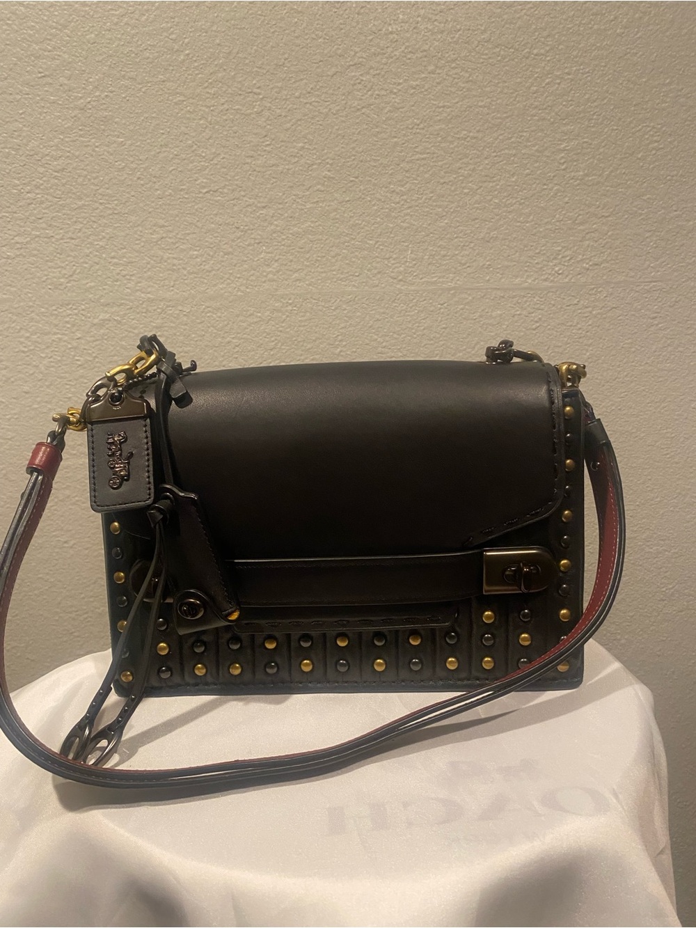 Coach Black Leather Studded Shoulder Bag with Gold Accents - Picture 2 of 11